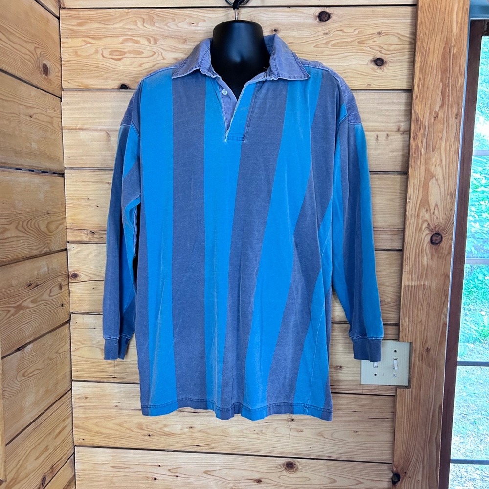 Vintage Rugby Shirt Mens Large Blue Striped Padded Compagnie Des Athletiques - Picture 2 of 9